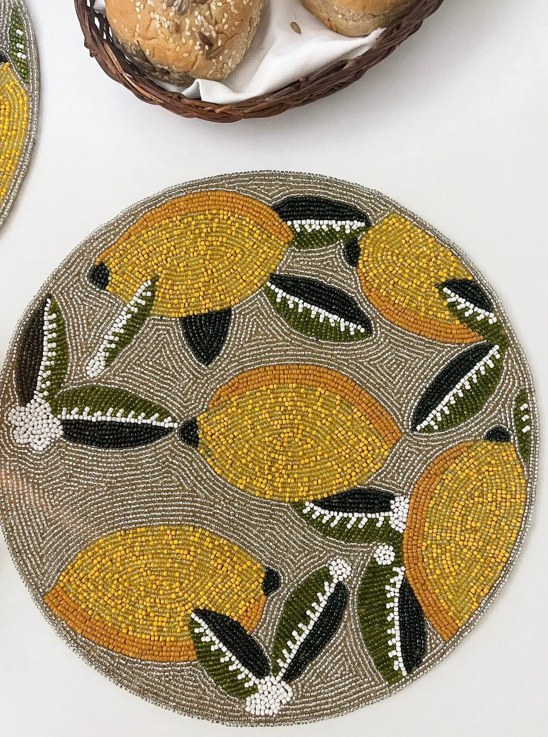 Lemon and Leaf Round Beaded Table Placemat - Image 7