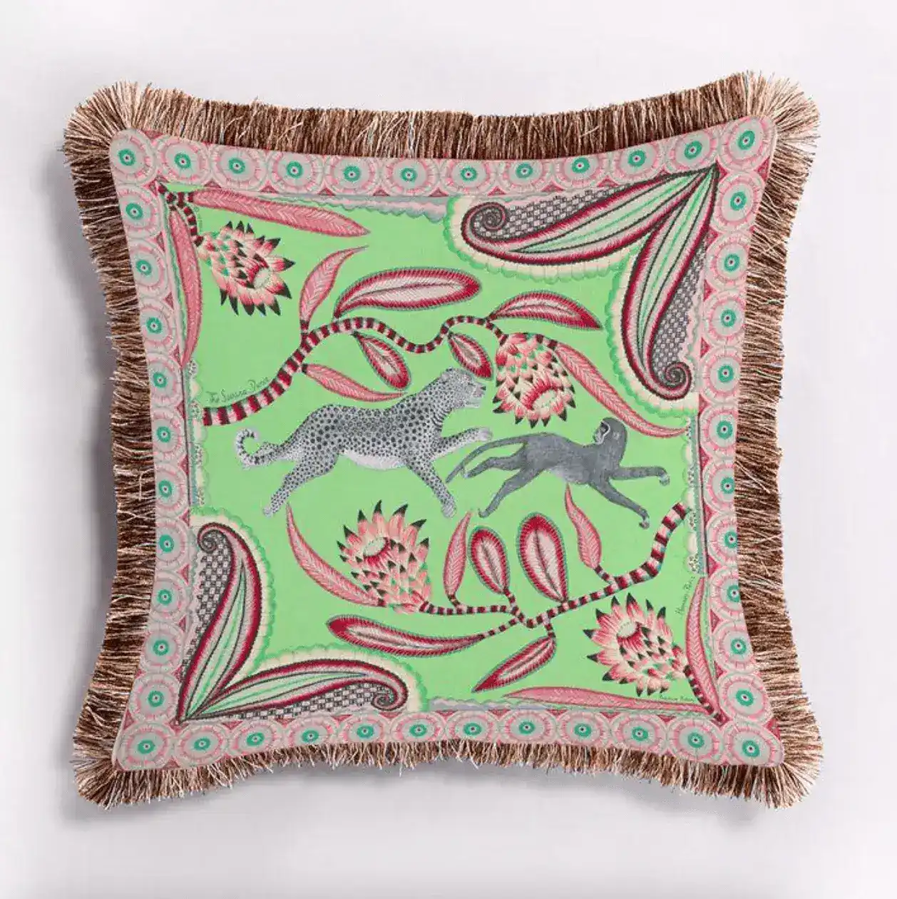 Leopard and Monkey Velvet Throw Pillow Cover with Fringes - Image 3