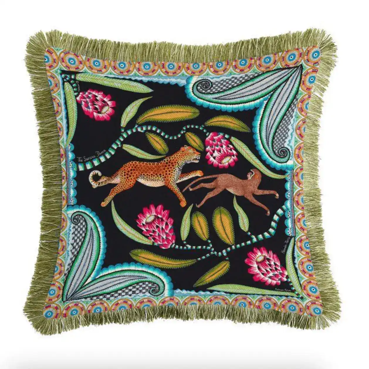 Leopard and Monkey Velvet Throw Pillow Cover with Fringes - Image 6