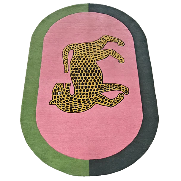 Leopard on Pink Oval Hand Tufted Wool Rug