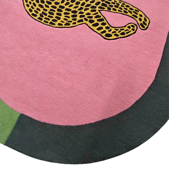 Leopard on Pink Oval Hand Tufted Wool Rug - Image 5
