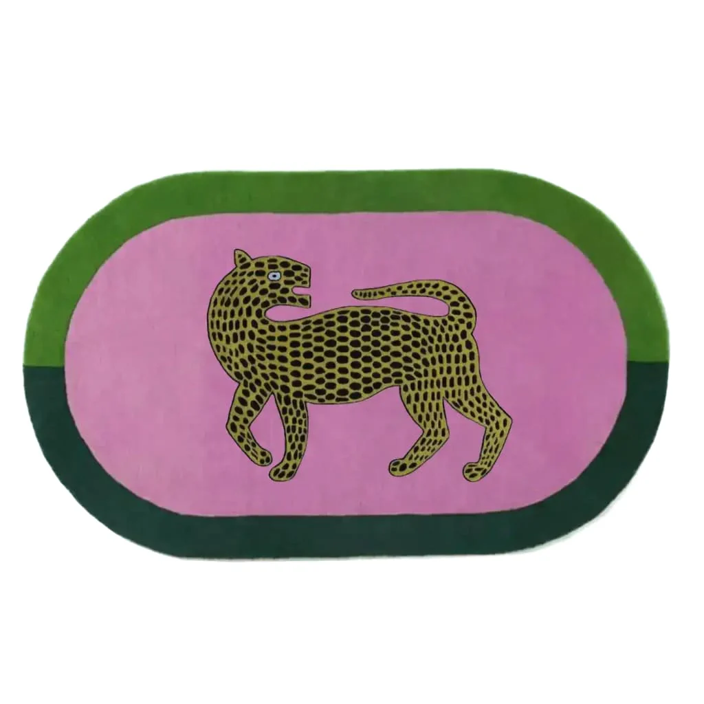 Leopard on Pink Oval Hand Tufted Wool Rug - Image 6