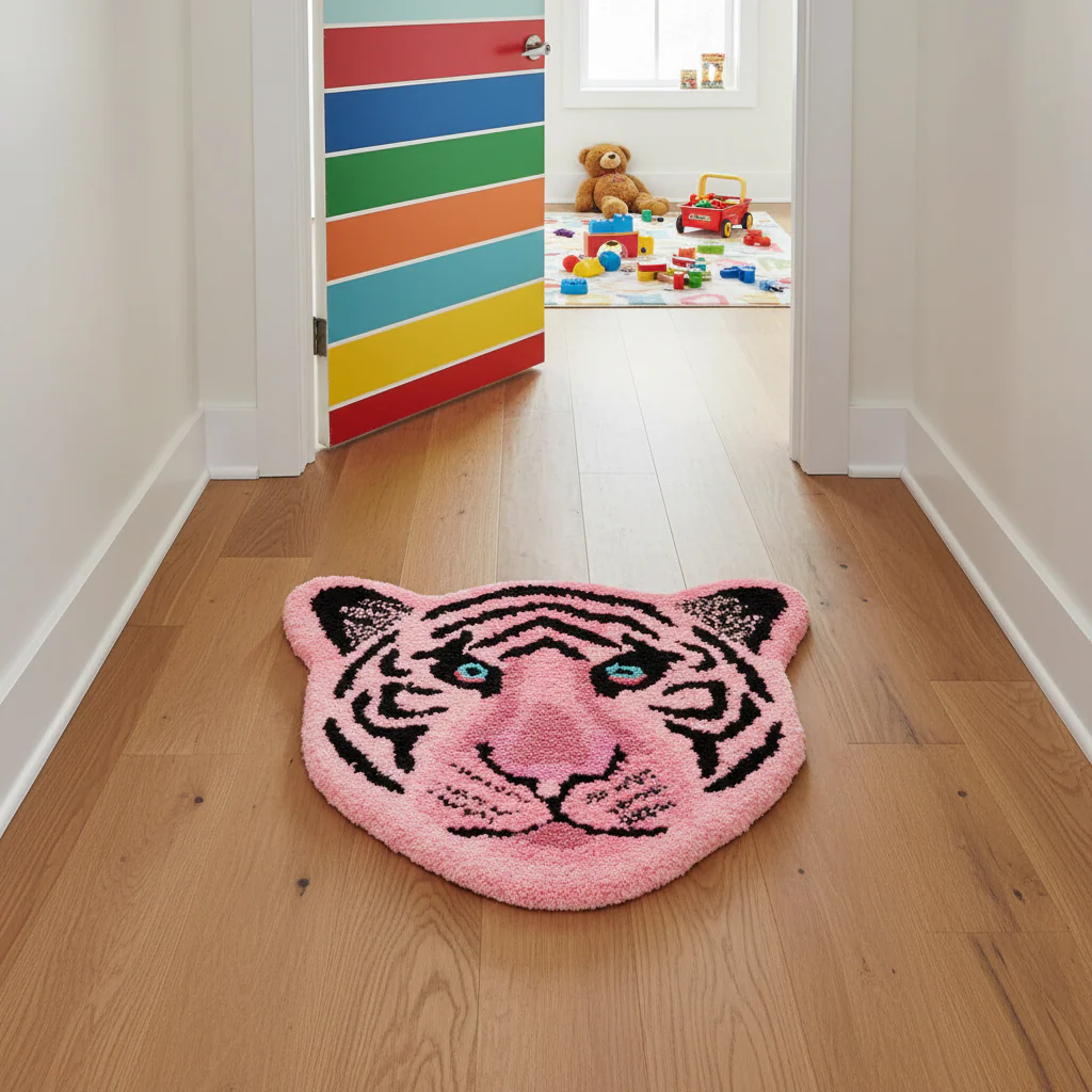 Light Pink Tiger Face Hand-Tufted Wool Accent Rug - Image 2