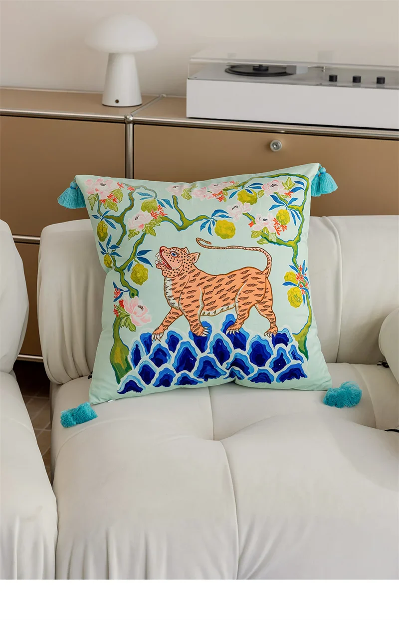 Luxe Leaping Tiger & Lemon Tree Pillow Cover - Image 6