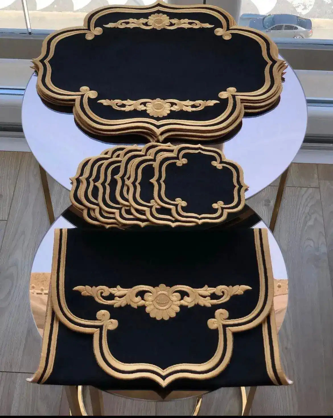 Maia Royale Gold Trim Embroidered Table Linen 13 Pcs Set - Image 2