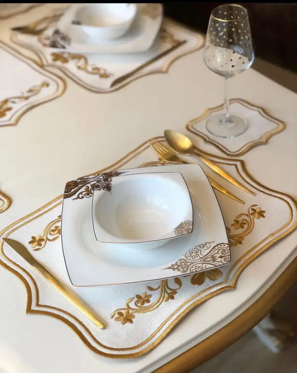 Maia Royale Gold Trim Embroidered Table Linen 13 Pcs Set - Image 5