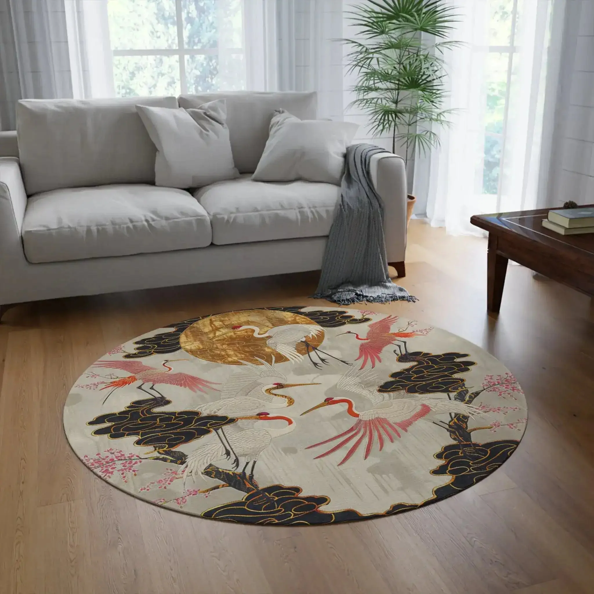 Majestic Crane and Cloud Pattern Round Rug - Image 3