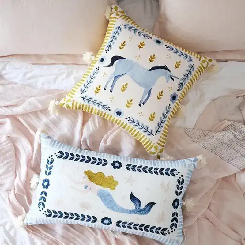 Mermaid and Unicorn Hand Painted Cotton Flax Fringed Pillow Case - Image 2