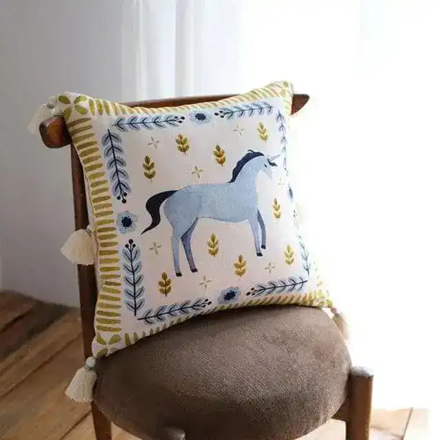 Mermaid and Unicorn Hand Painted Cotton Flax Fringed Pillow Case - Image 3