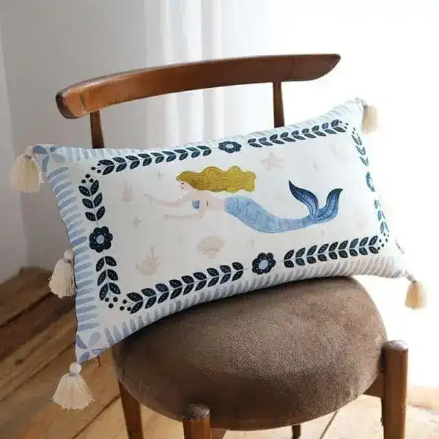 Mermaid and Unicorn Hand Painted Cotton Flax Fringed Pillow Case - Image 4