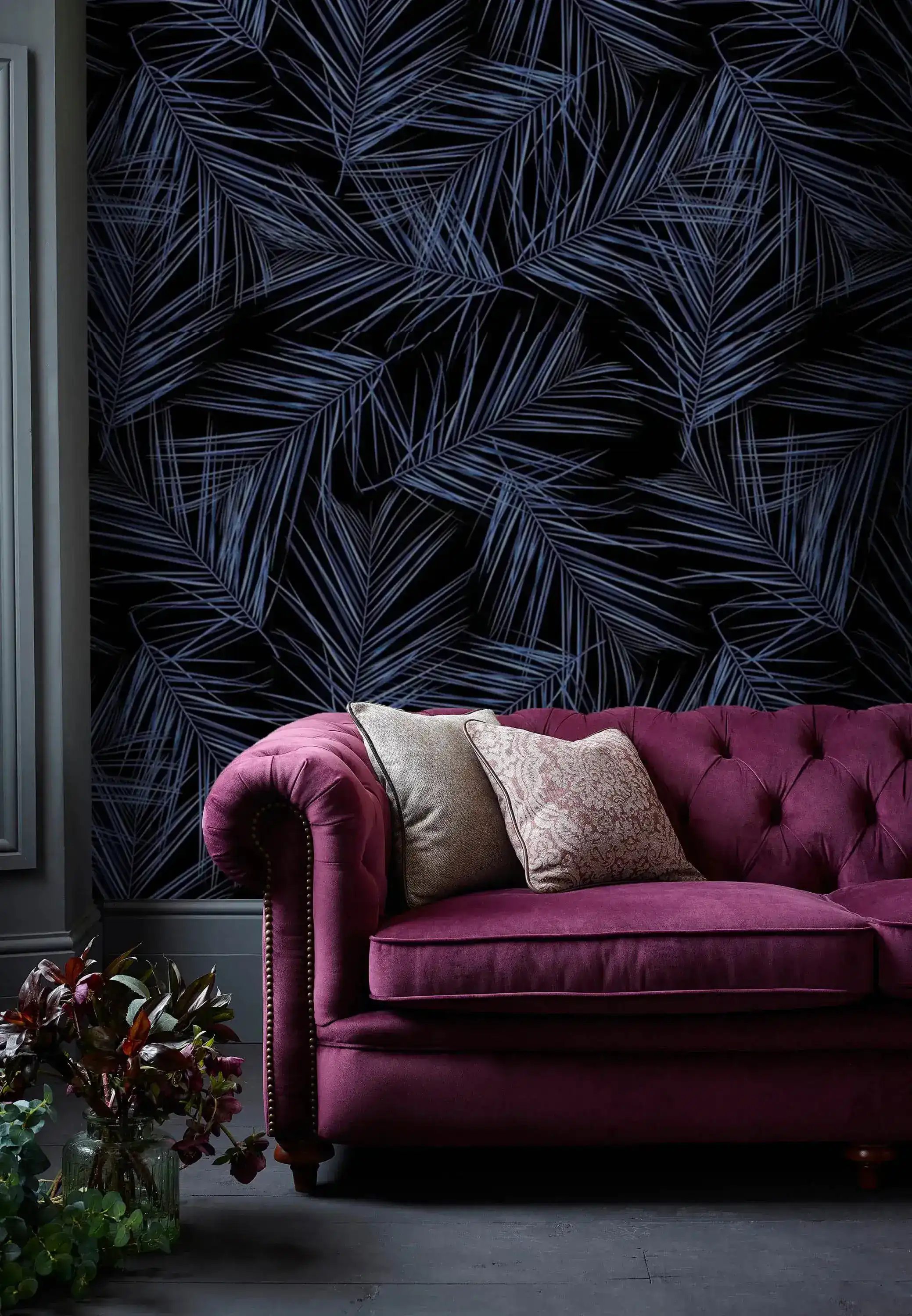 Midnight Oasis: Mystical Blue and Black Dried Tropical Leaves Wallpaper - Image 6