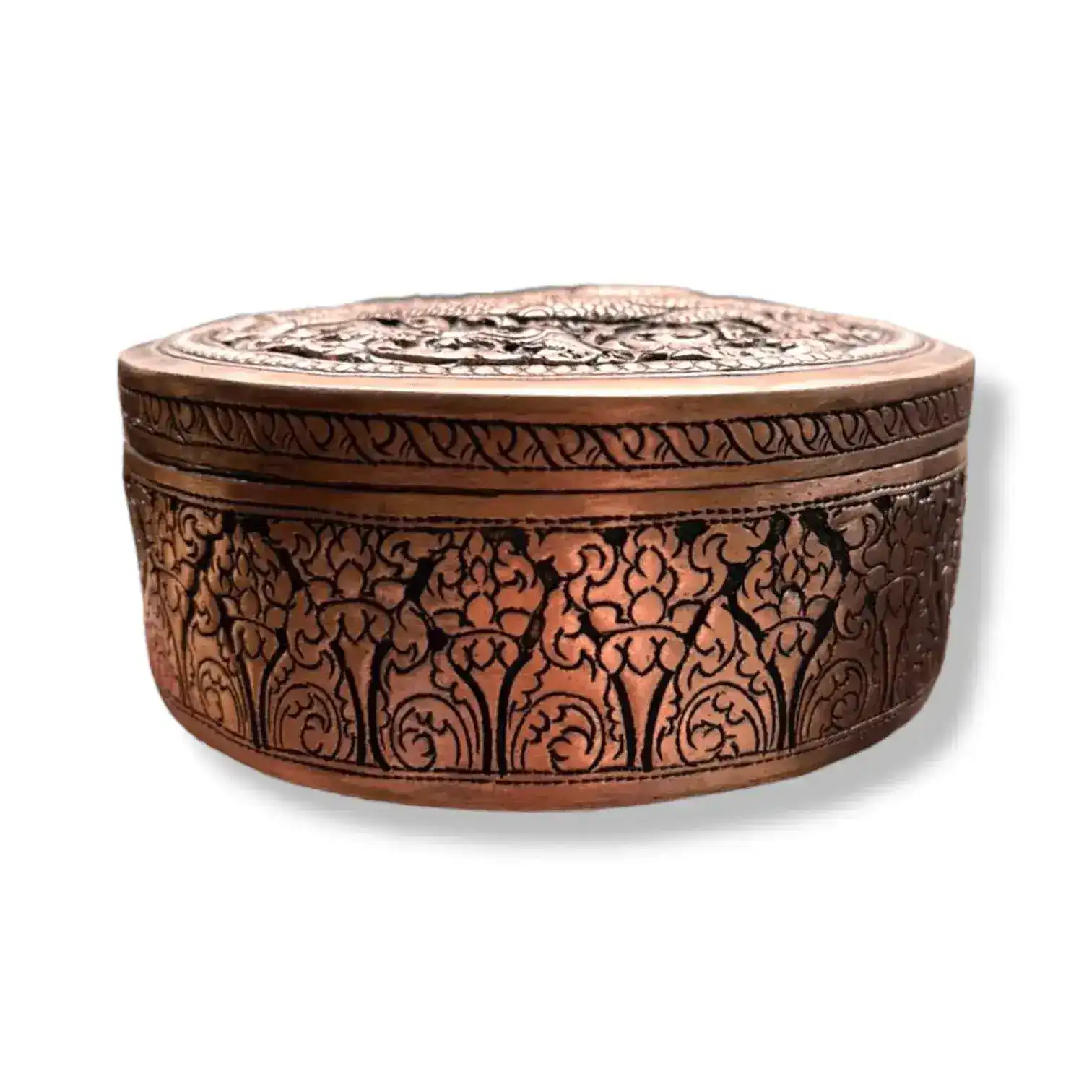 Mini Hand Engraved Solid Brass Niello Round Betel Box - Singha - Image 3