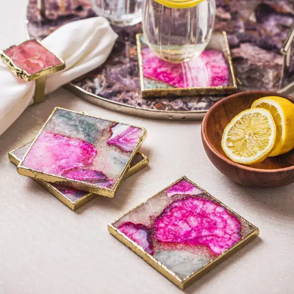 Mixed Colored Agate Coasters Square with Gold Trim Set of 4