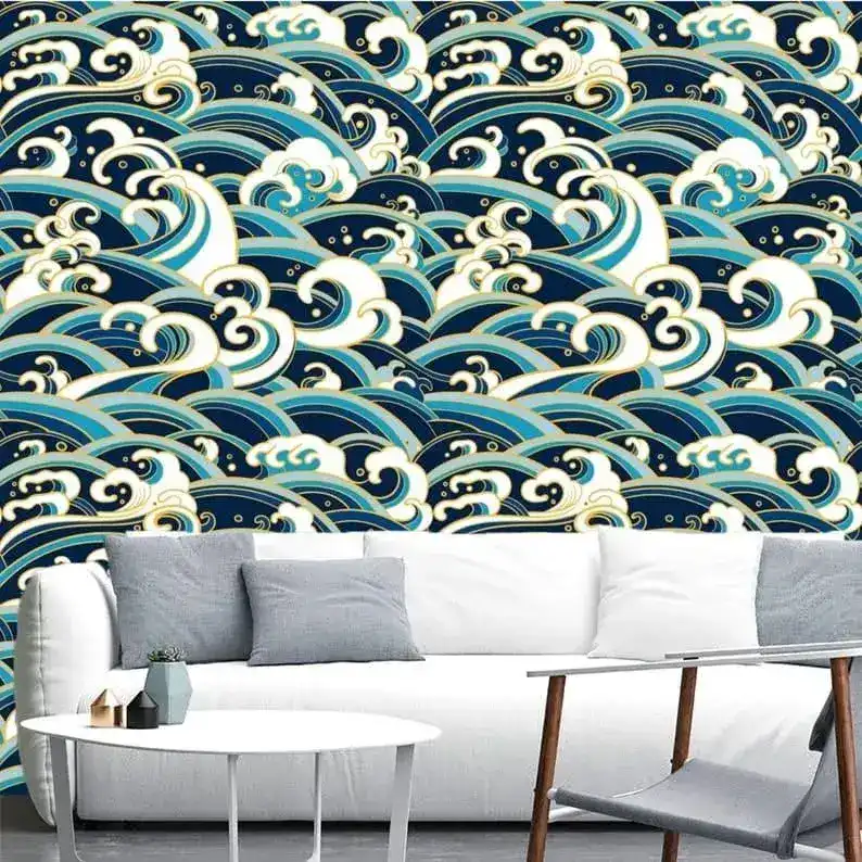 Modern Oriental Blue Waves Wallpaper - Image 3