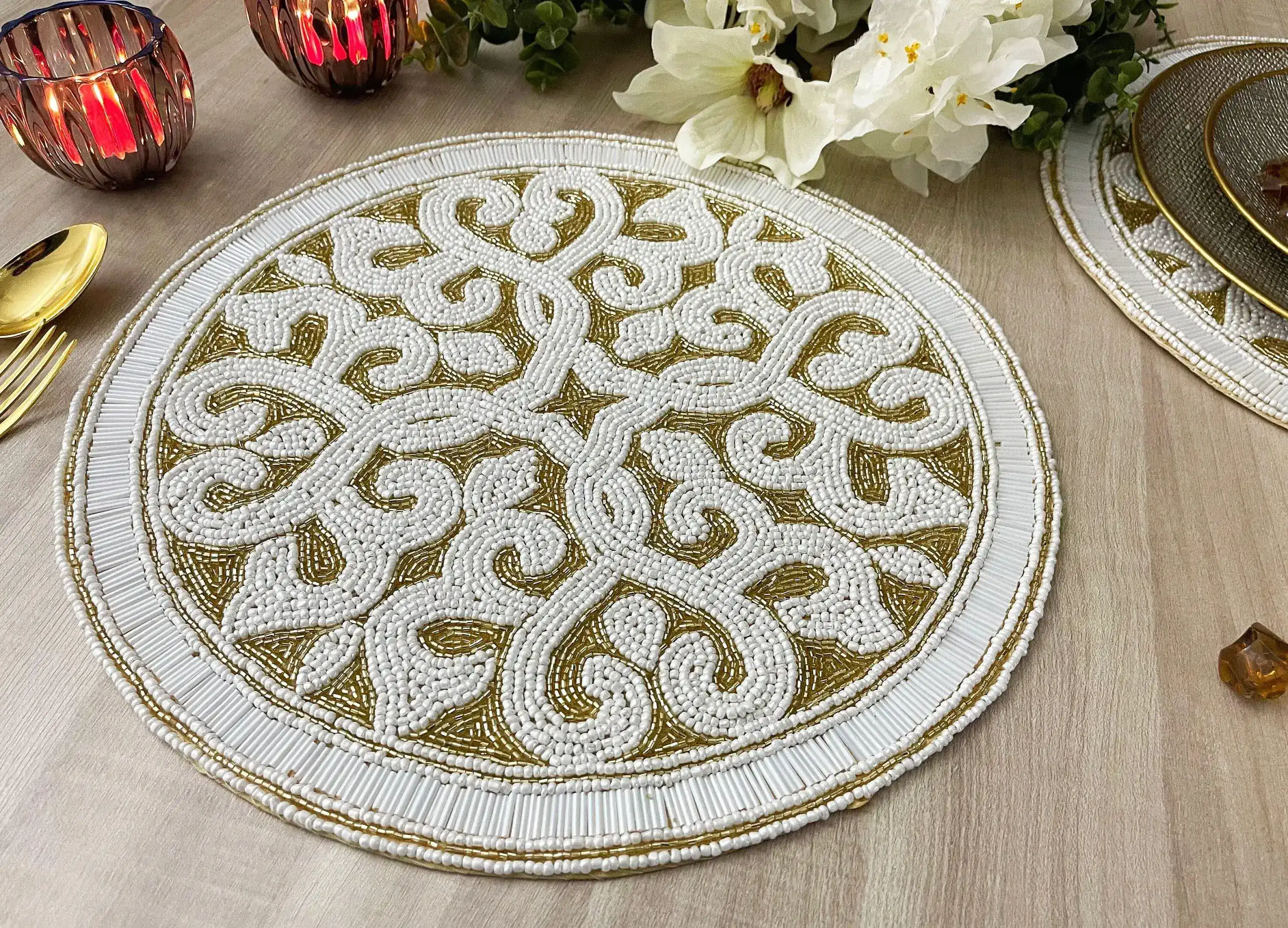 Moha Beaded Round Placemat - Cream/Gold - Image 5
