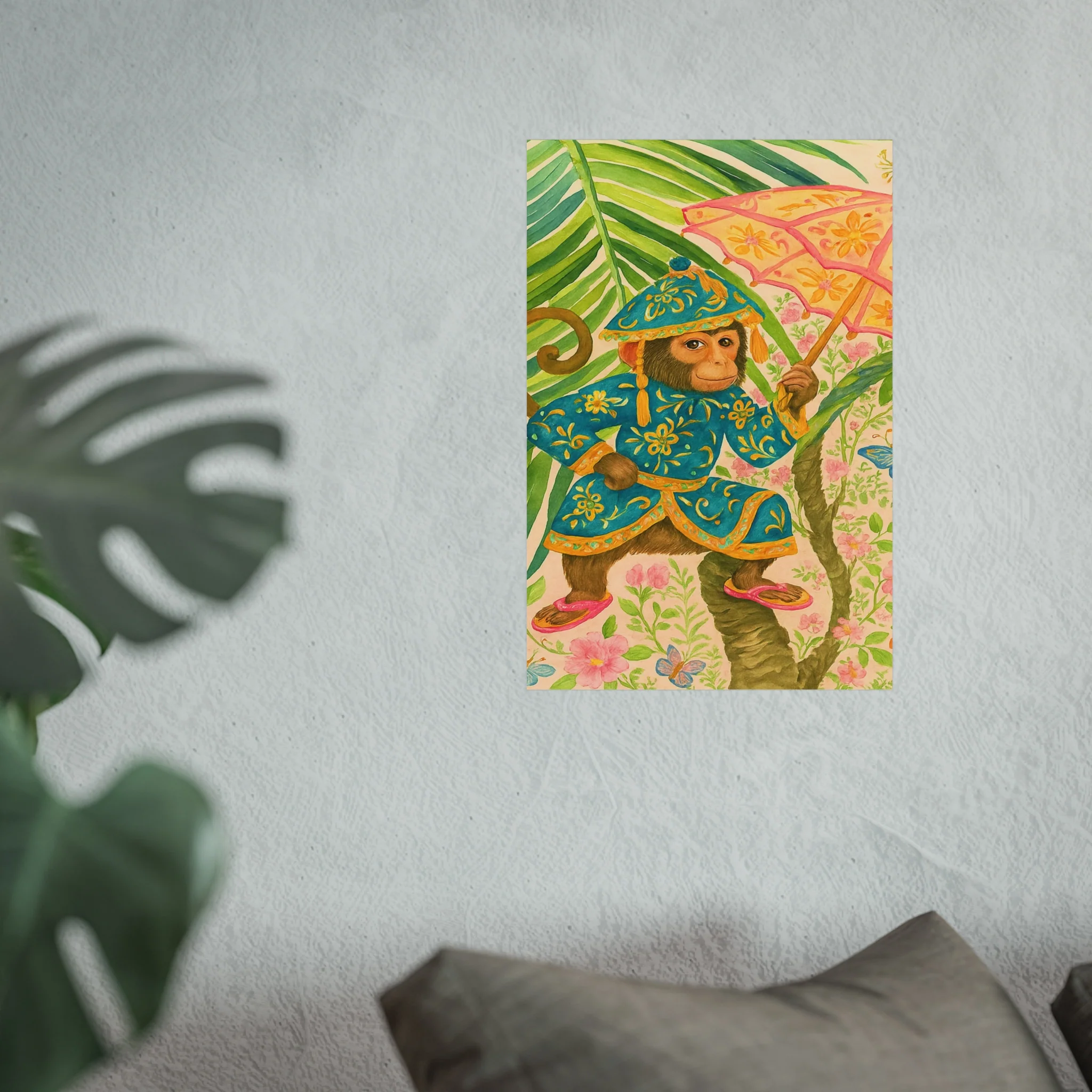 Monkey and Umbrella Chinoiserie Fine Art Poster - Green - Image 29