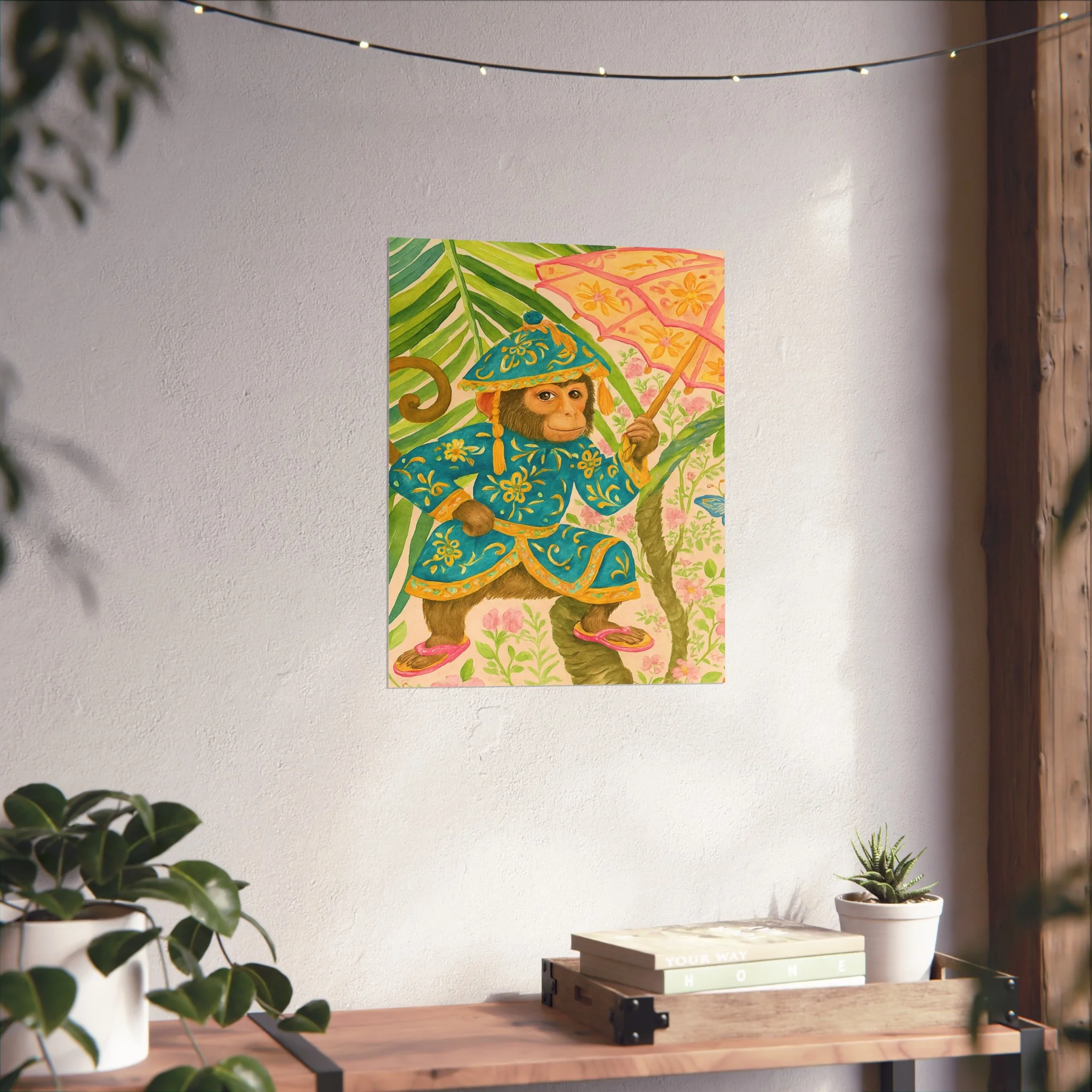 Monkey and Umbrella Chinoiserie Fine Art Poster - Green - Image 32