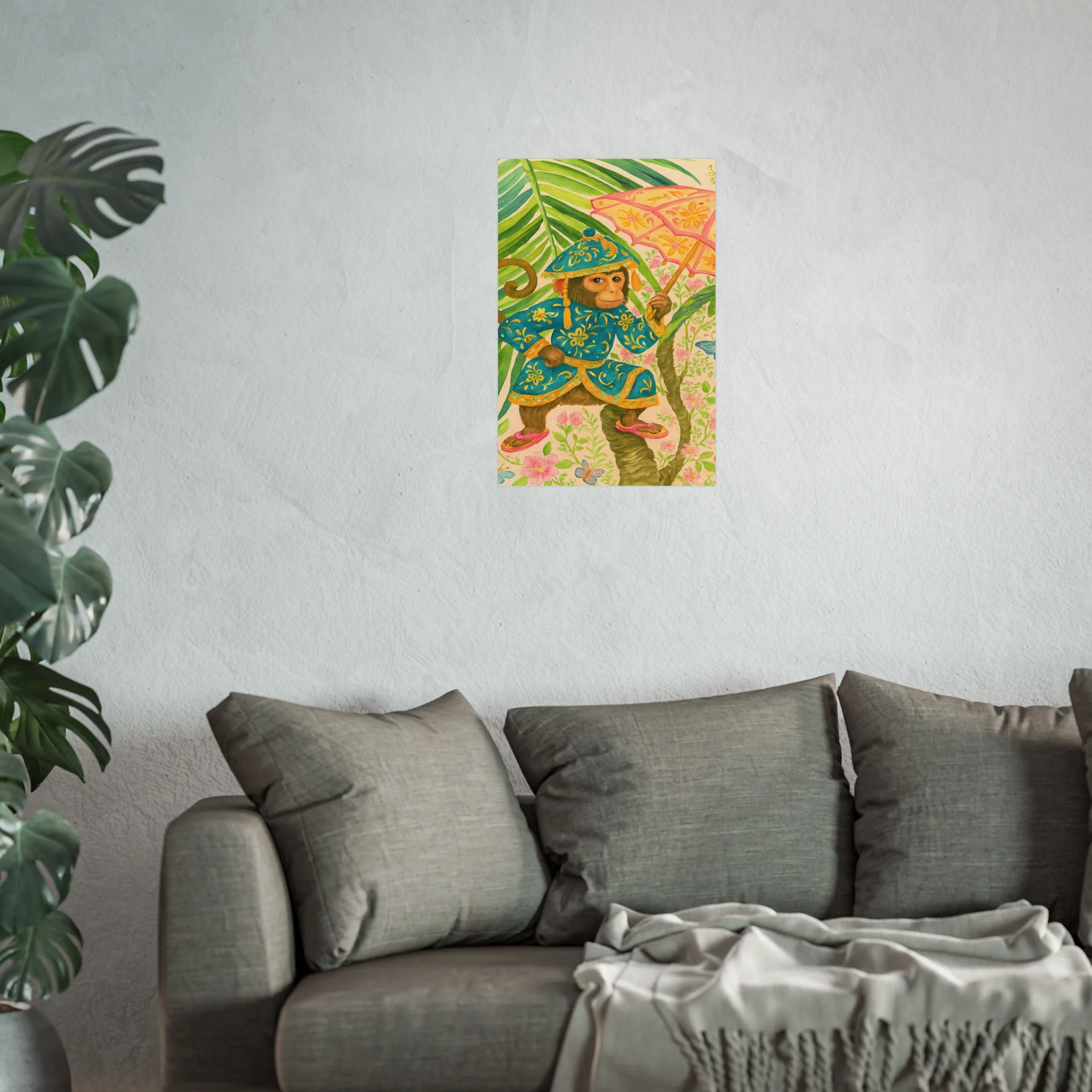 Monkey and Umbrella Chinoiserie Fine Art Poster - Green - Image 33