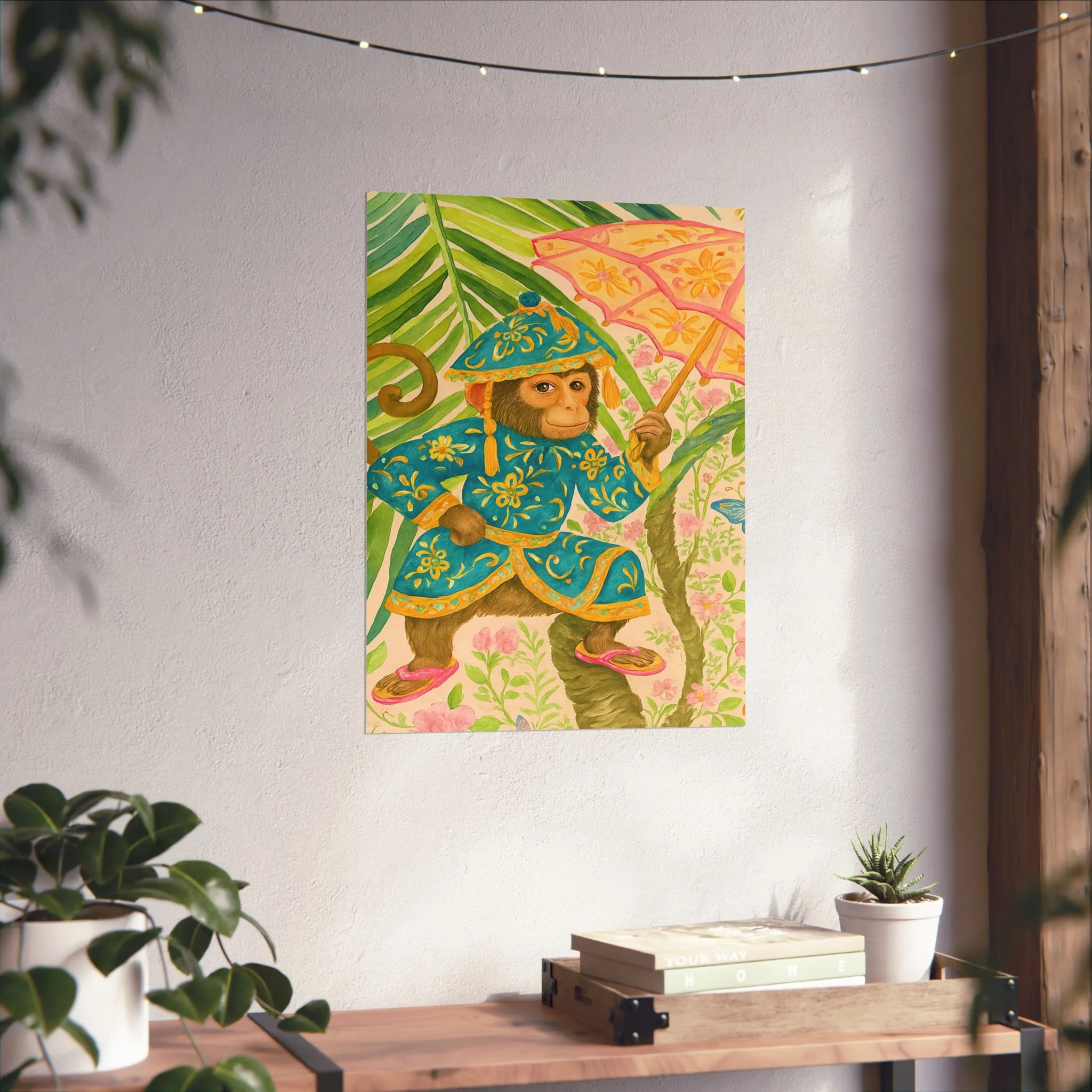 Monkey and Umbrella Chinoiserie Fine Art Poster - Green - Image 36