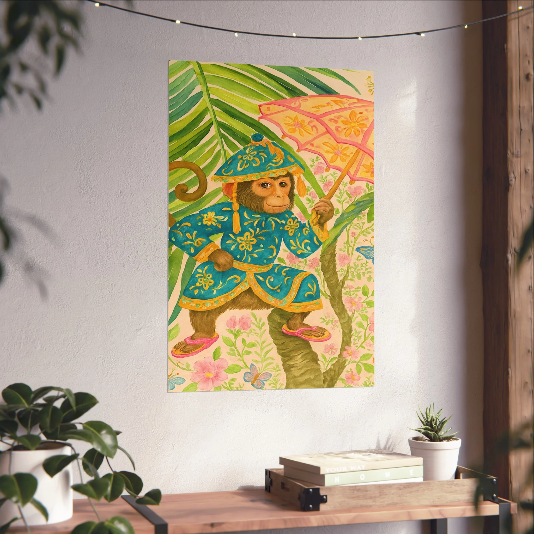 Monkey and Umbrella Chinoiserie Fine Art Poster - Green - Image 38