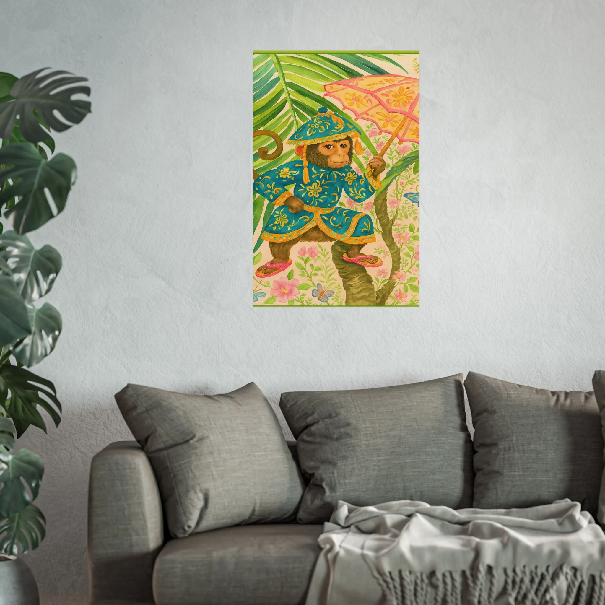 Monkey and Umbrella Chinoiserie Fine Art Poster - Green - Image 39