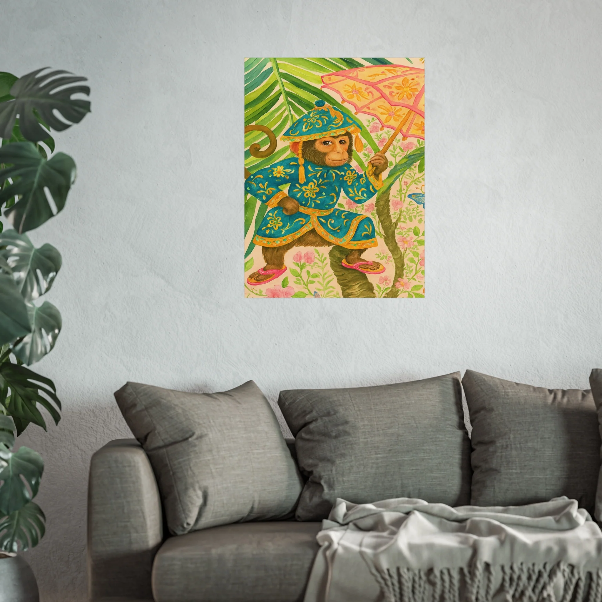 Monkey and Umbrella Chinoiserie Fine Art Poster - Green - Image 41