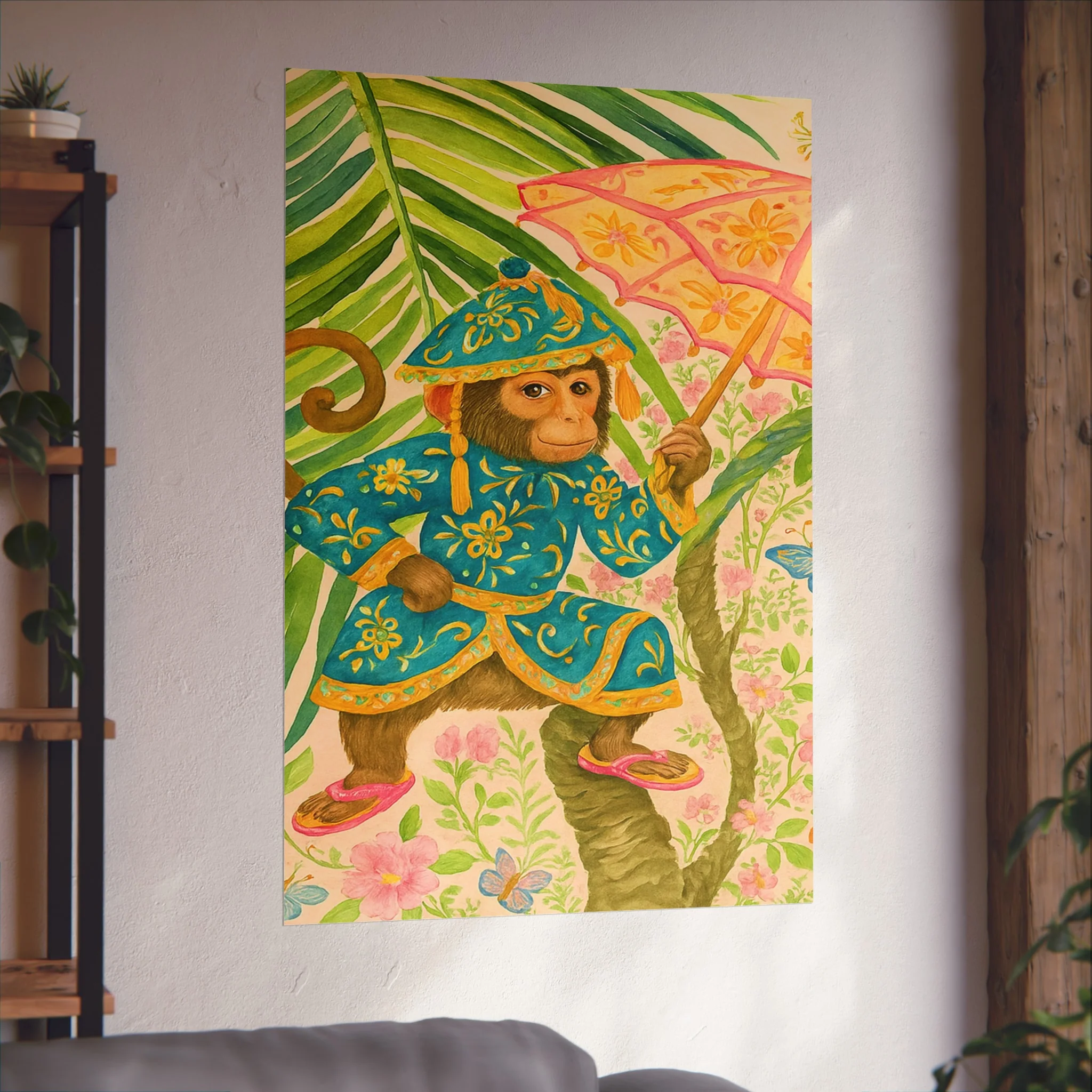 Monkey and Umbrella Chinoiserie Fine Art Poster - Green - Image 48