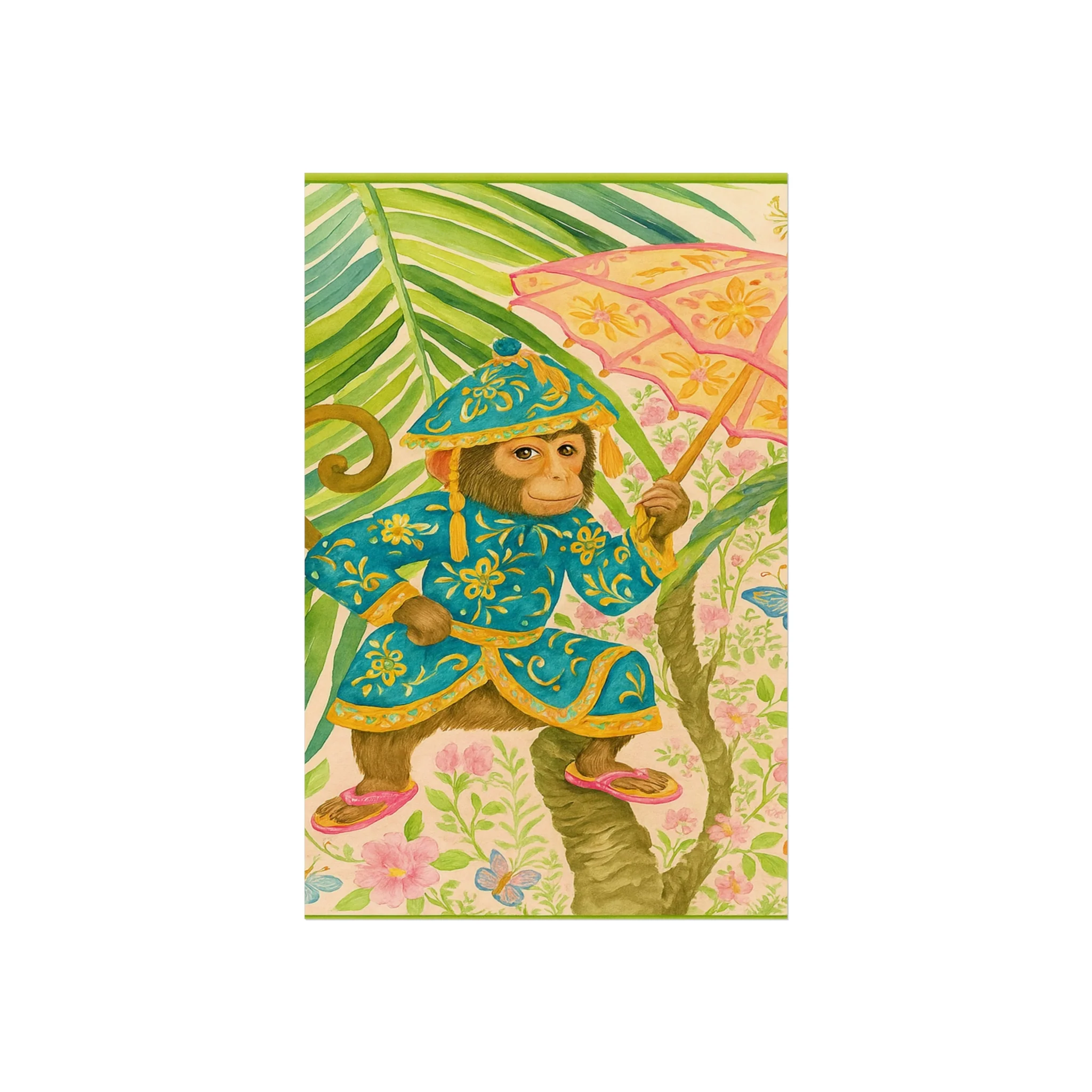 Monkey and Umbrella Chinoiserie Fine Art Poster - Green - Image 5