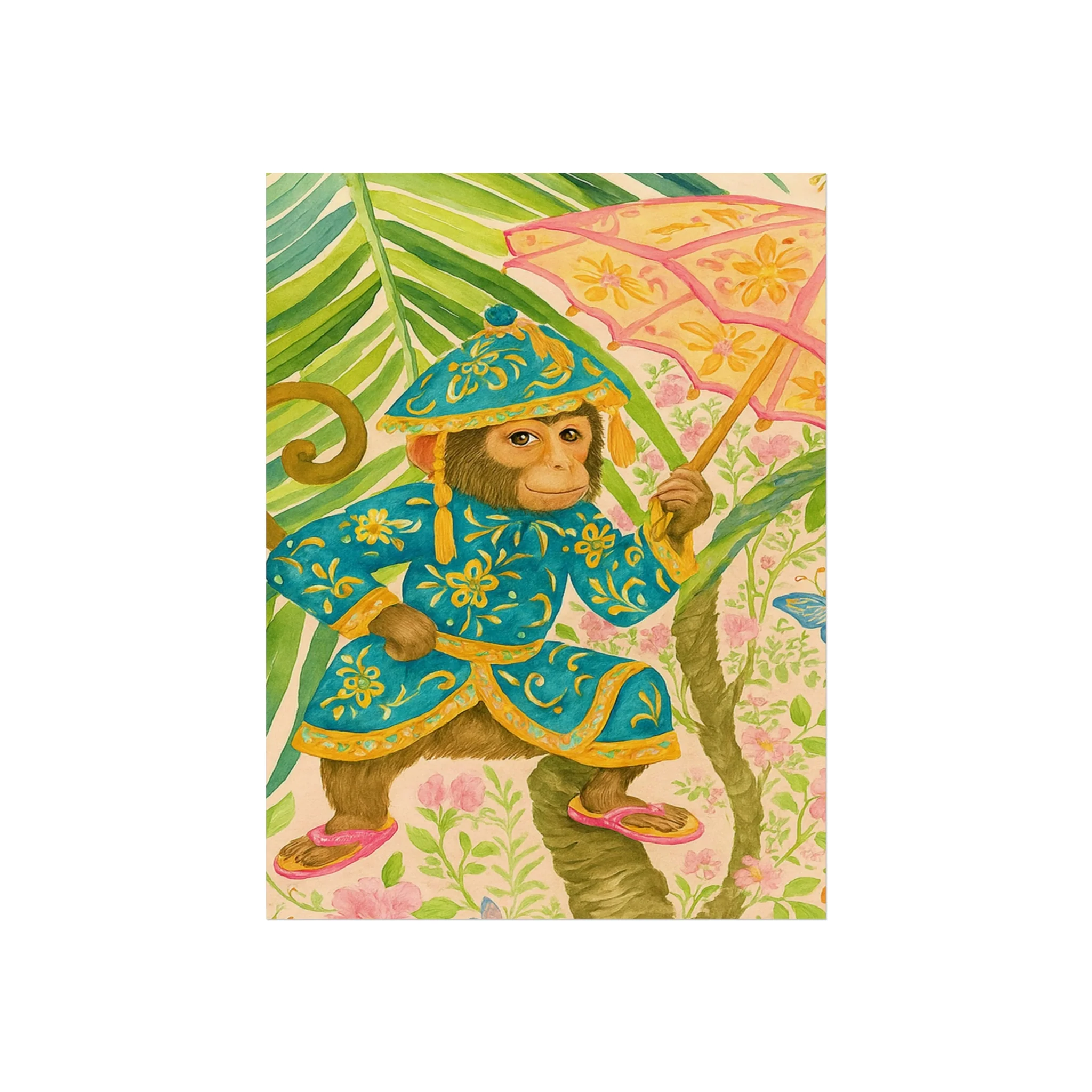 Monkey and Umbrella Chinoiserie Fine Art Poster - Green - Image 6