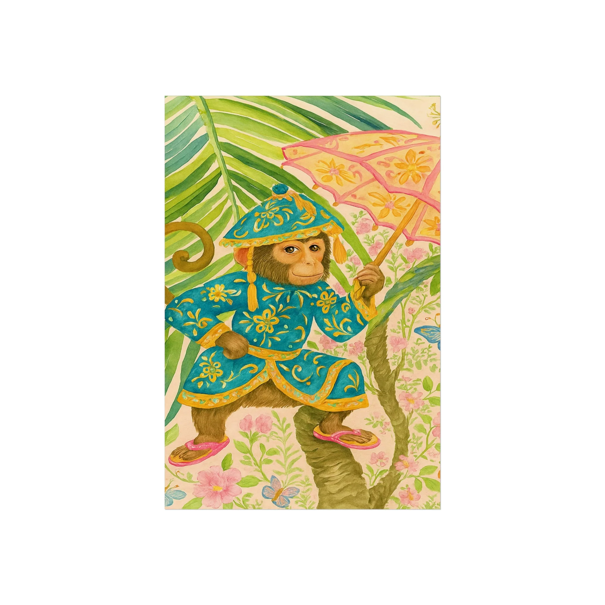 Monkey and Umbrella Chinoiserie Fine Art Poster - Green - Image 7