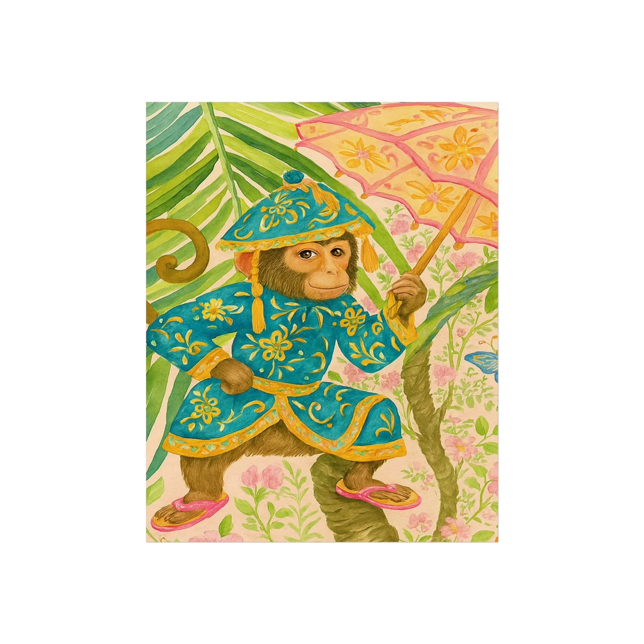 Monkey and Umbrella Chinoiserie Fine Art Poster - Green - Image 8