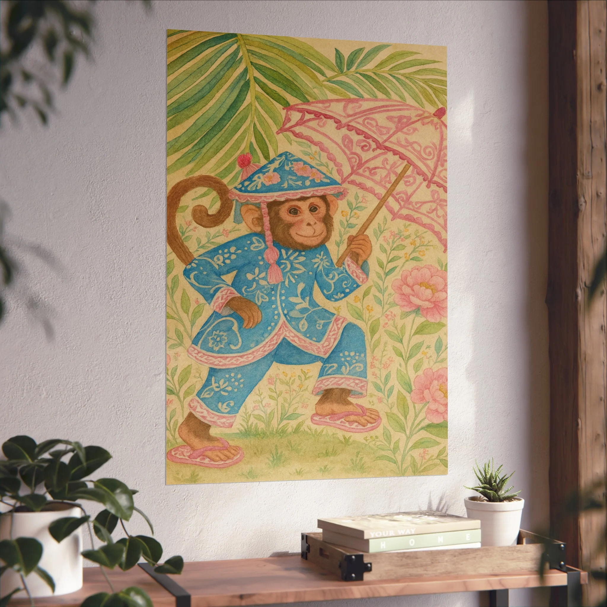 Monkey in Blue Suit and Pink Umbrella Fine Art Poster - Image 44