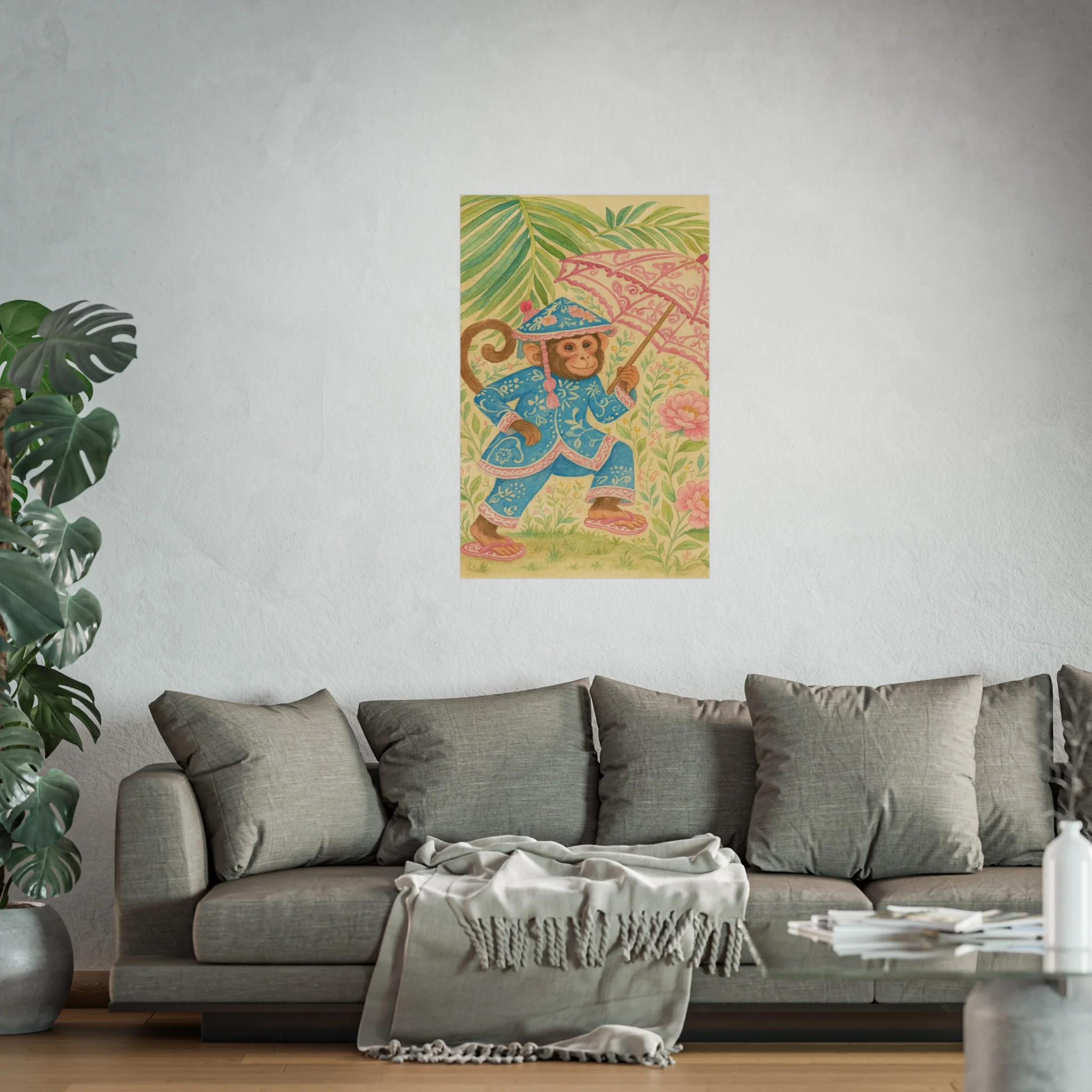 Monkey in Blue Suit and Pink Umbrella Fine Art Poster - Image 45