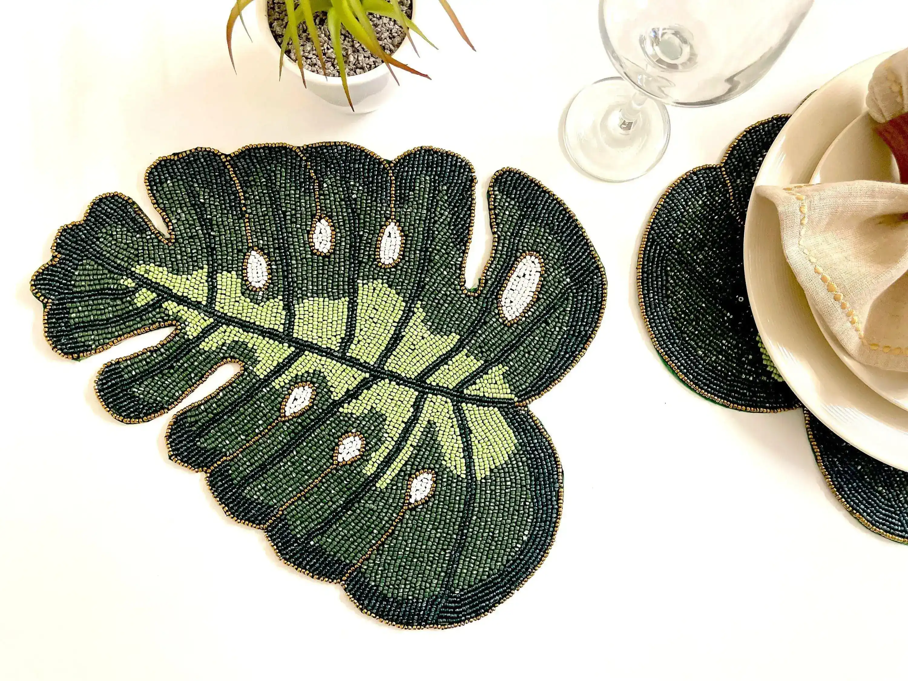 Monstera Leaf Beaded Placemat Set of 4