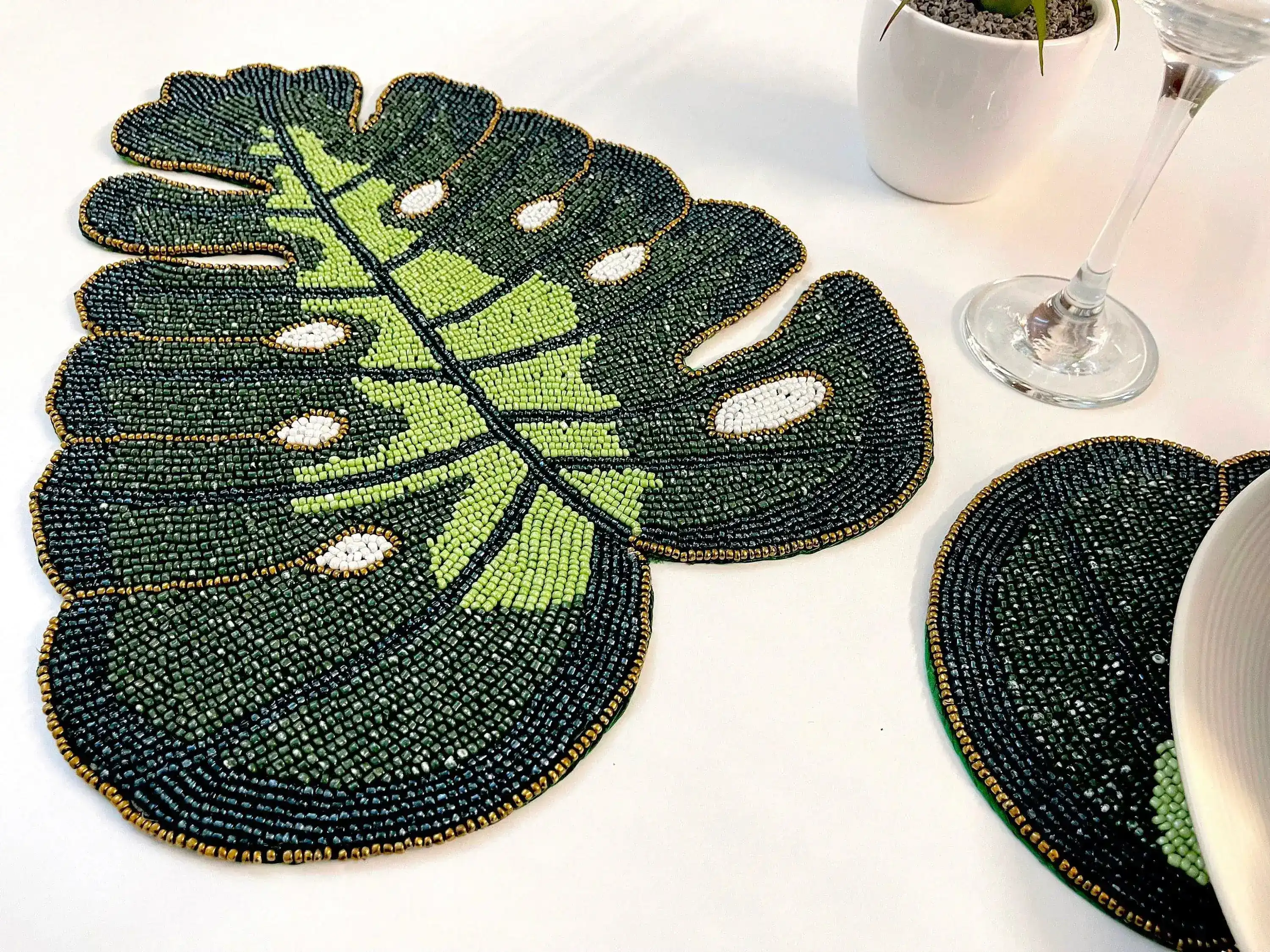 Monstera Leaf Beaded Placemat Set of 4 - Image 4