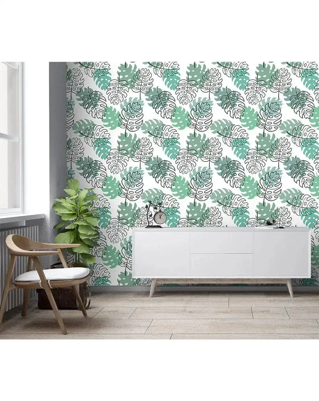 Monstera Palm Leaves Sketch Removable Wallpaper - Image 3