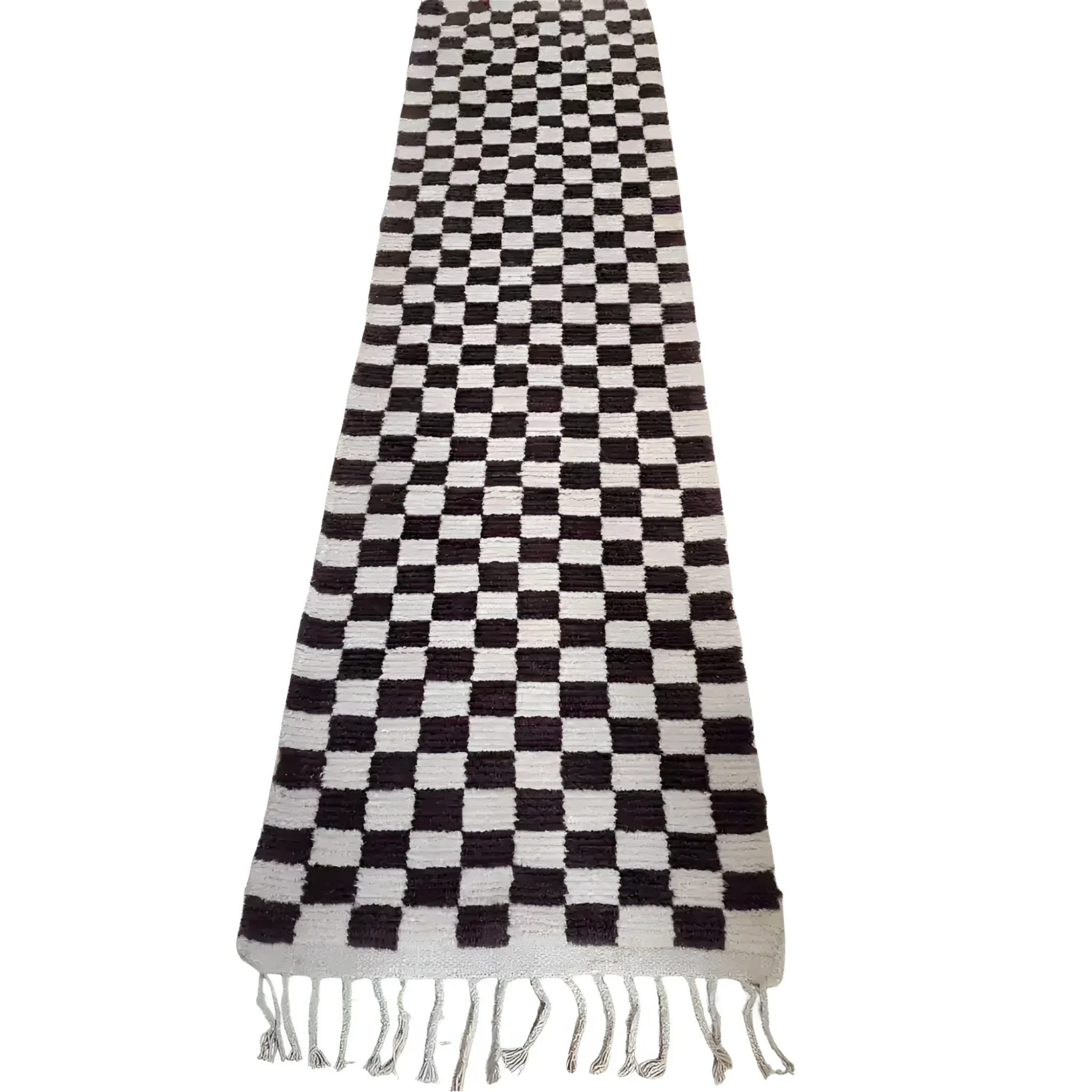 Moroccan Berber Handwoven Checker Wool Area Rug with Tassels - Dark Brown and White - Image 4