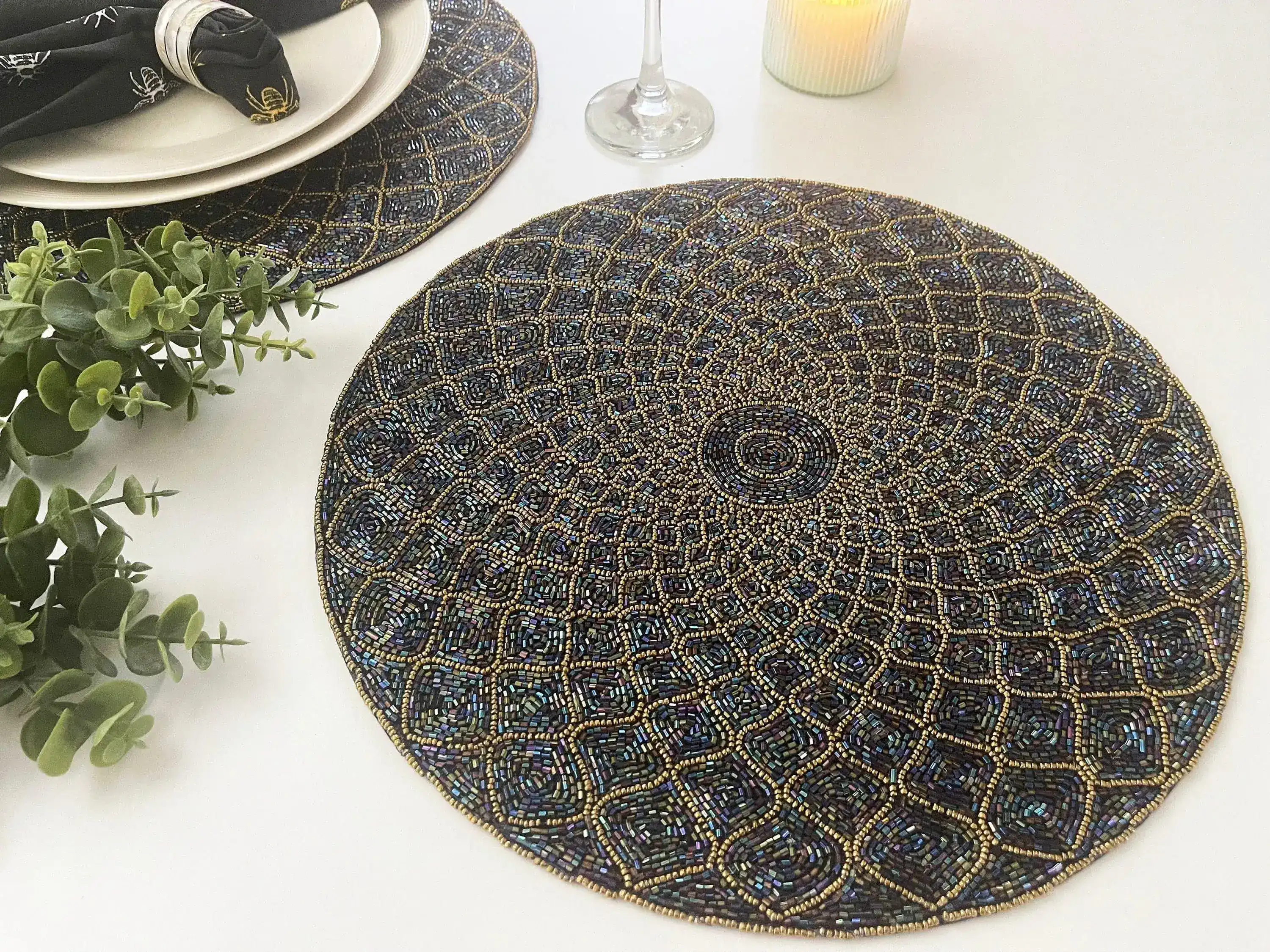 Moroccan Diamond Round Beaded Placemat - Blue - Image 2