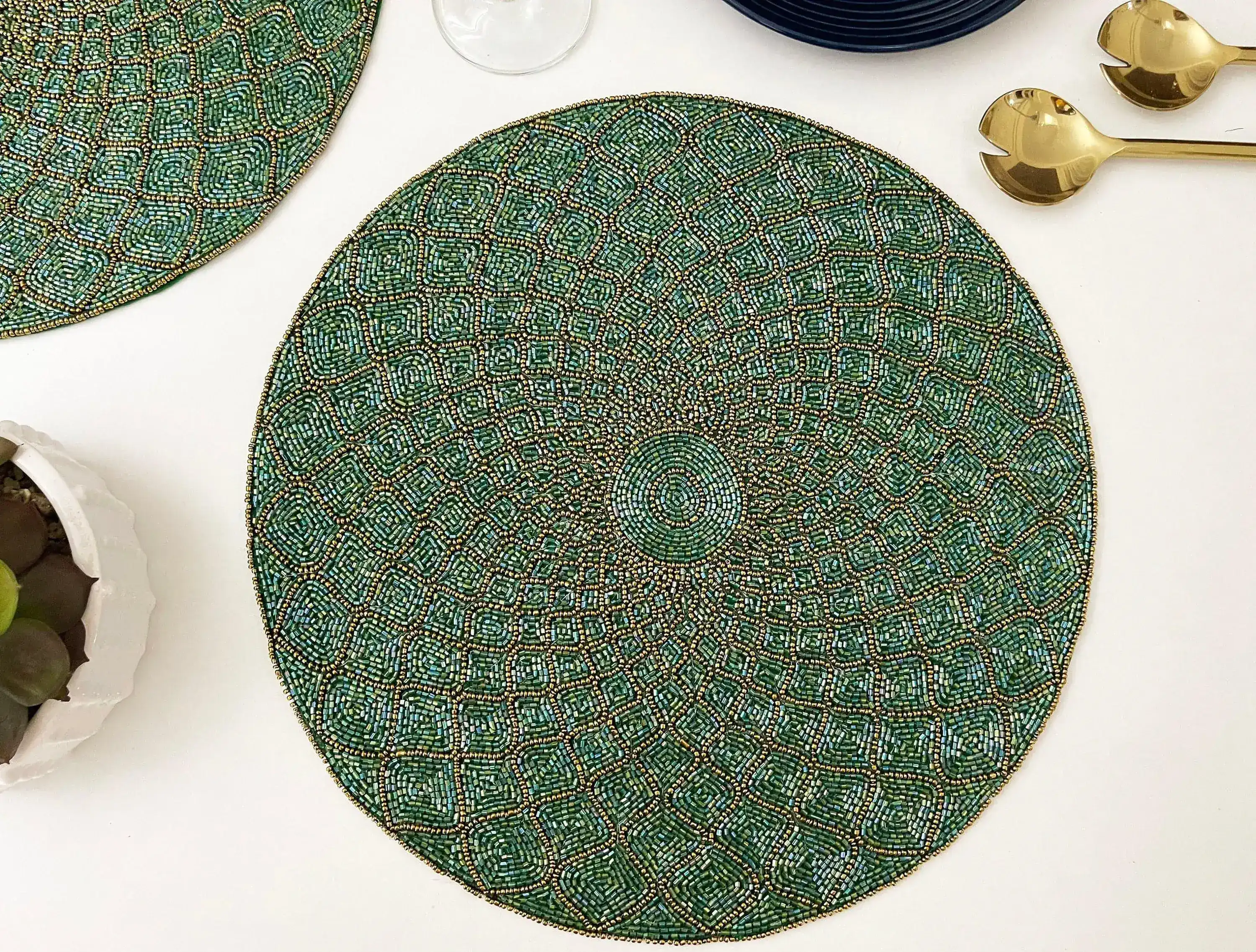 Moroccan Diamond Round Beaded Placemat - Green - Image 2