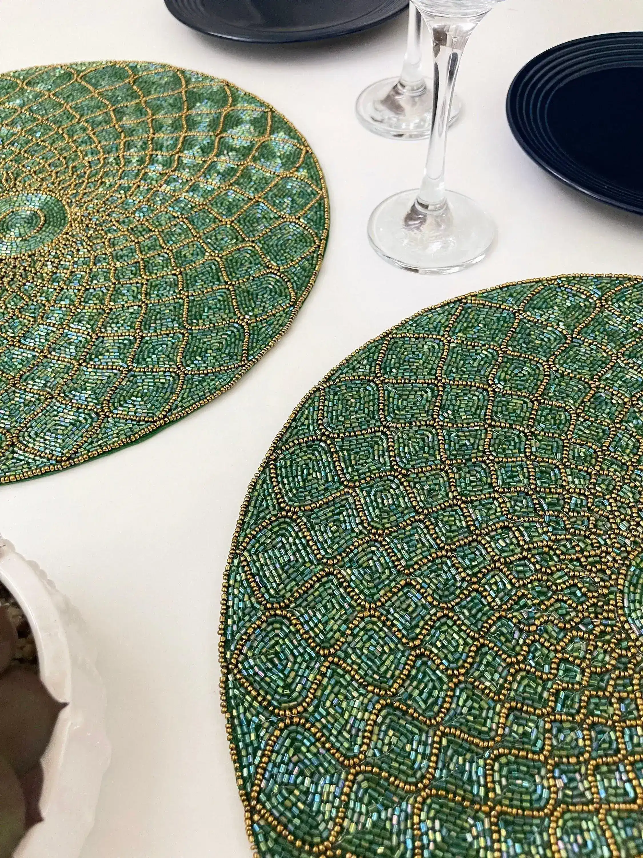 Moroccan Diamond Round Beaded Placemat - Green - Image 8