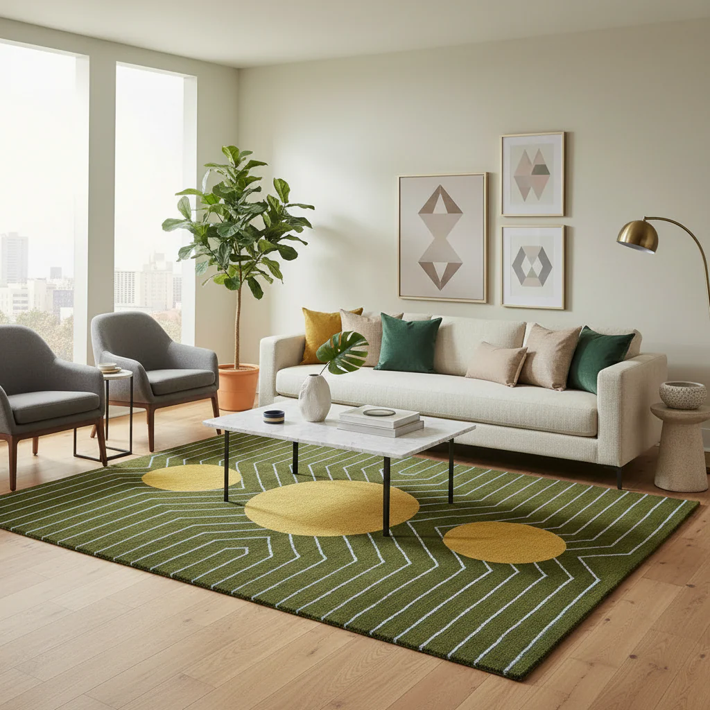 Moss Green Golden Geometric Hand Tufted Wool Rug - Image 3