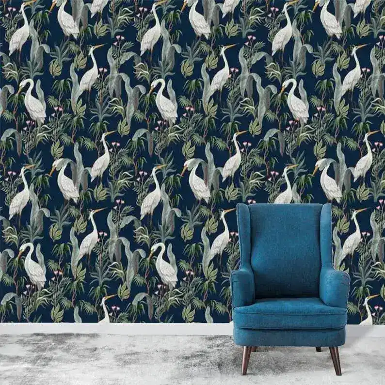 Navy Blue Tropical Cranes Exotic Botanical Wallpaper - Image 4