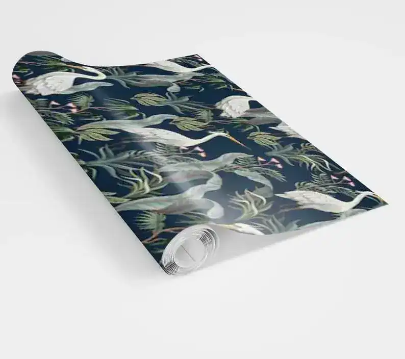 Navy Blue Tropical Cranes Exotic Botanical Wallpaper - Image 6