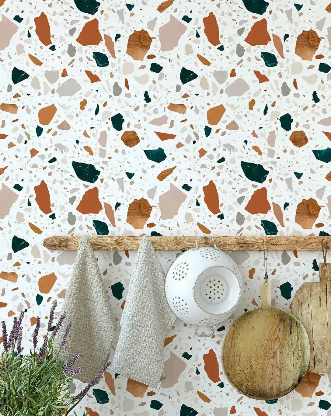 Neutral and Emerald Terrazzo Self Adhesive Wallpaper - Image 3
