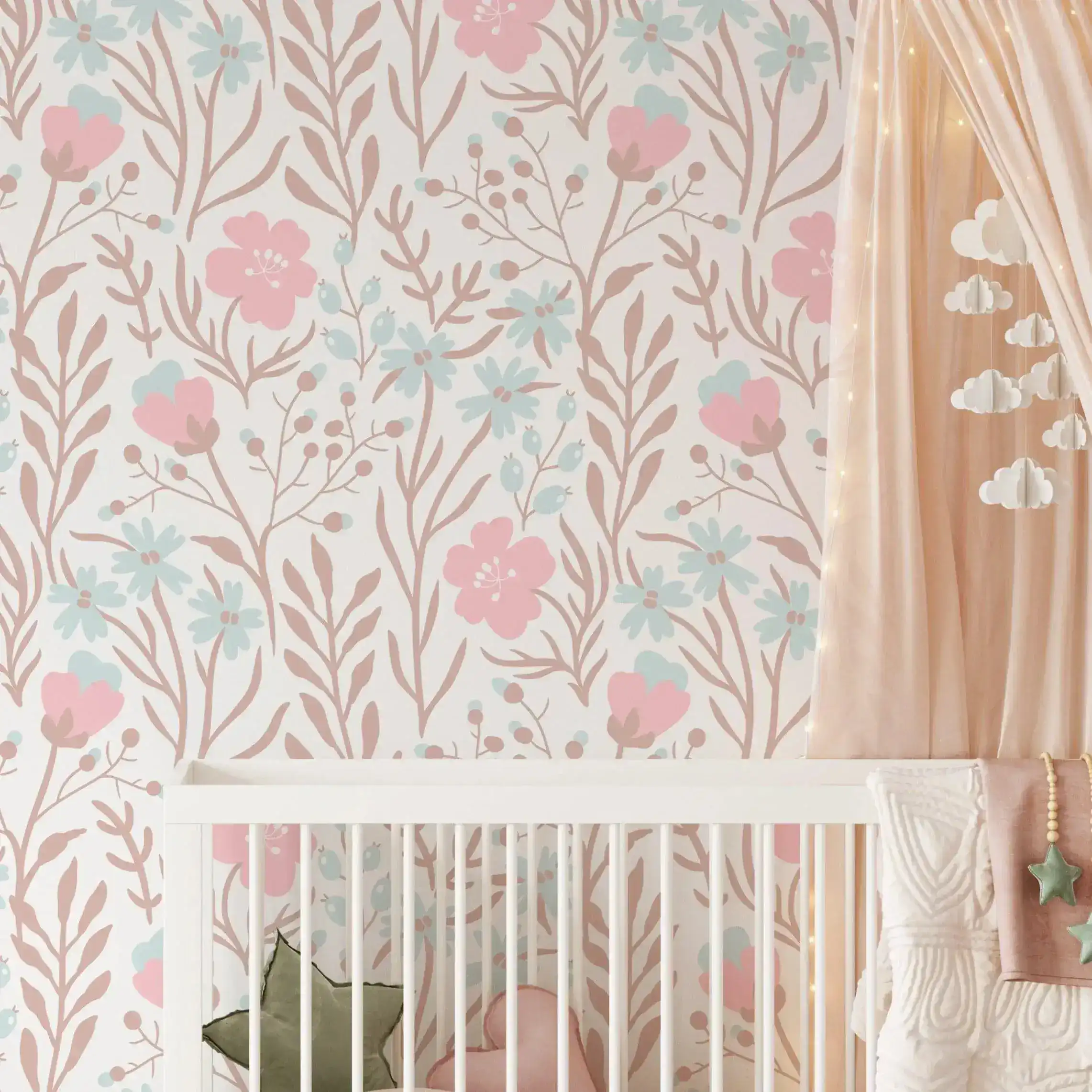 Nursery Flowers Botanical Pink Blue Floral Wallpaper - Image 4
