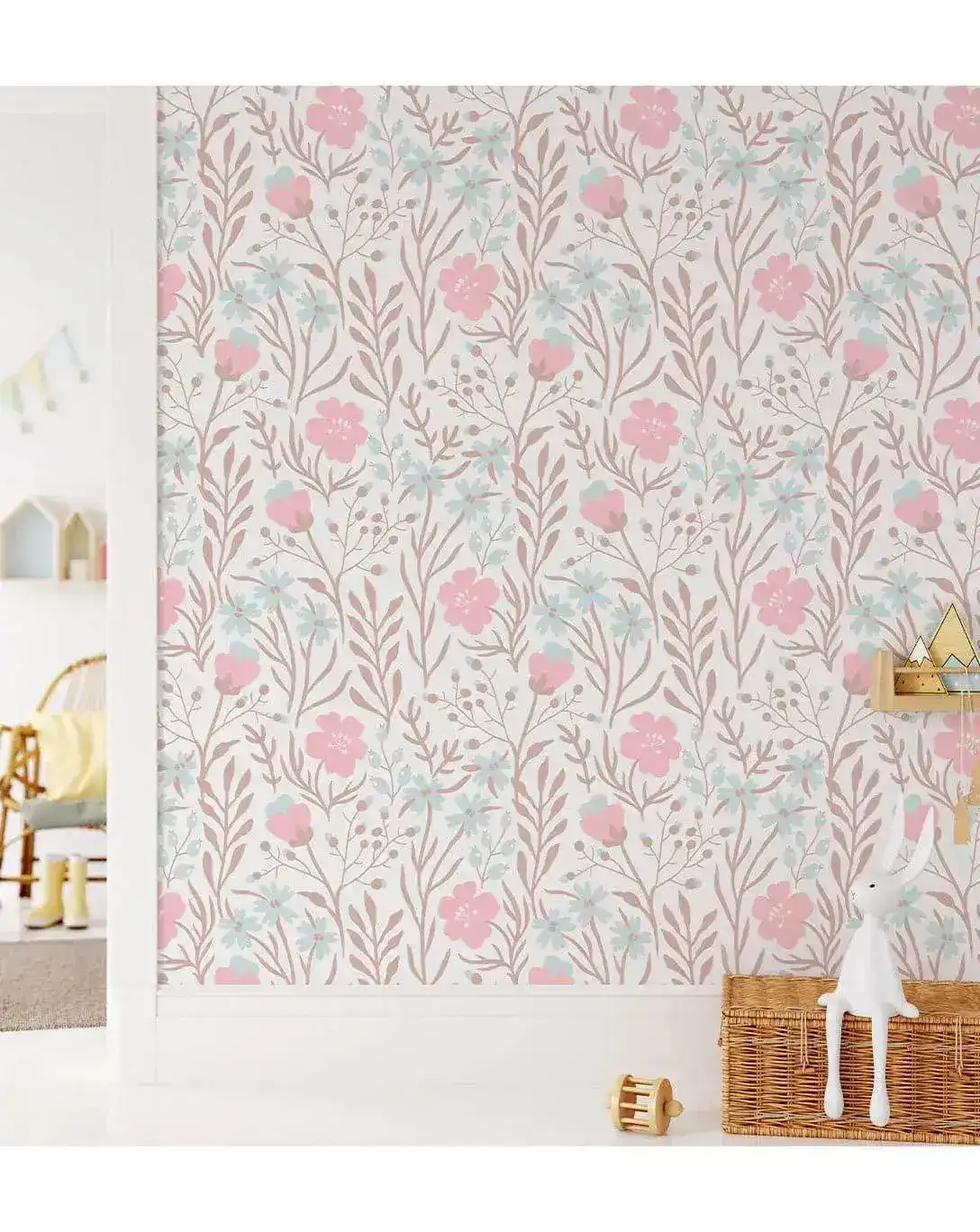 Nursery Flowers Botanical Pink Blue Floral Wallpaper - Image 5