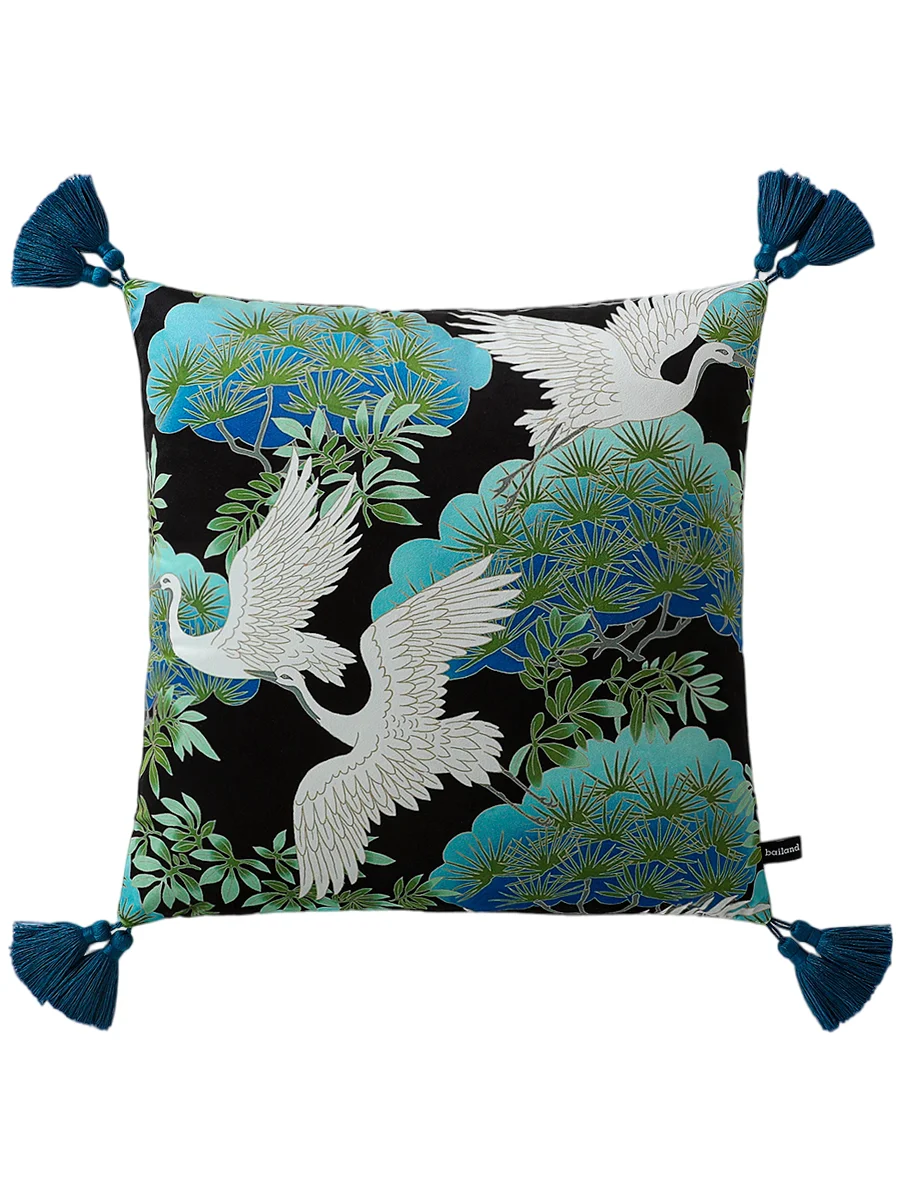 Opulent Midnight Crane & Pine Cushion Cover for Home - Image 2