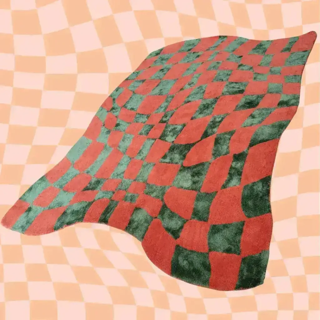 Orange and Green Wavy Checker Hand Tufted Wool Rug - Image 5