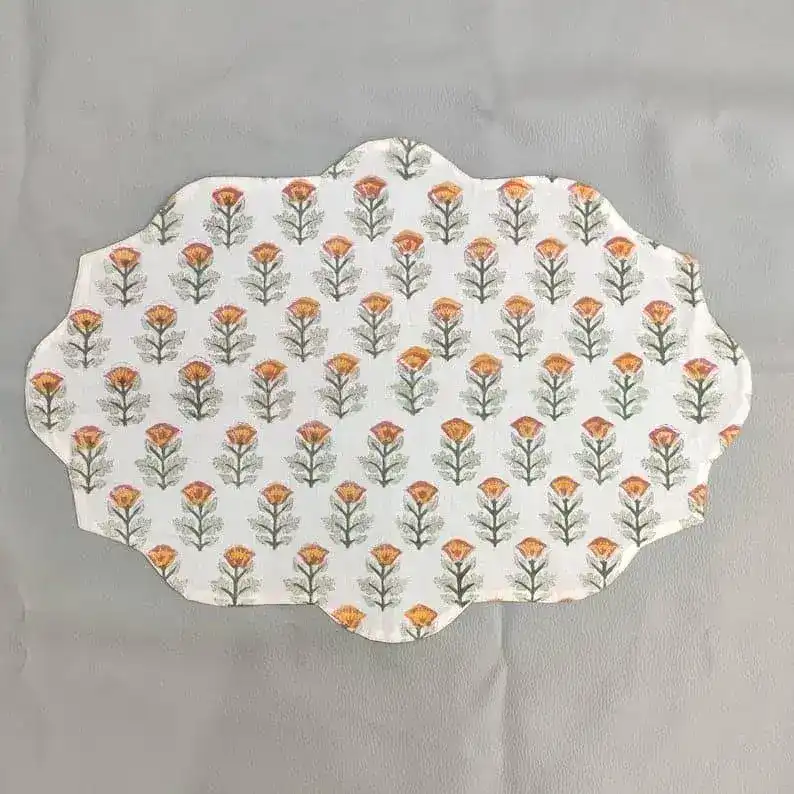 Orange Block Printed Floral Scalloped Oval Cotton Placemats