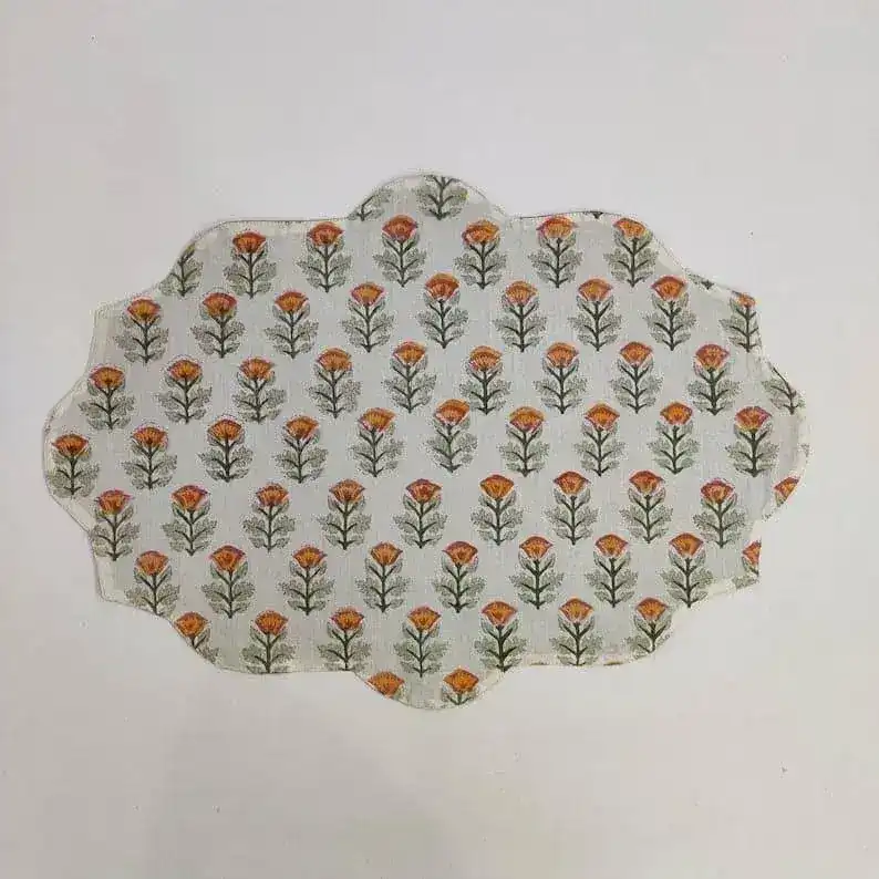 Orange Block Printed Floral Scalloped Oval Cotton Placemats - Image 3